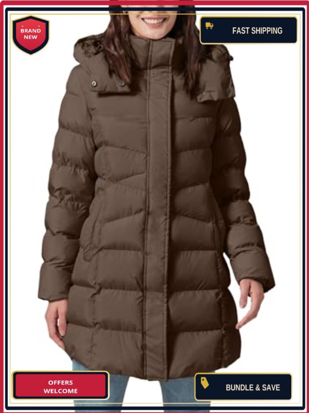 Women's Winter Long Puffer Jacket Quilted Detachable Hood Waterproof
